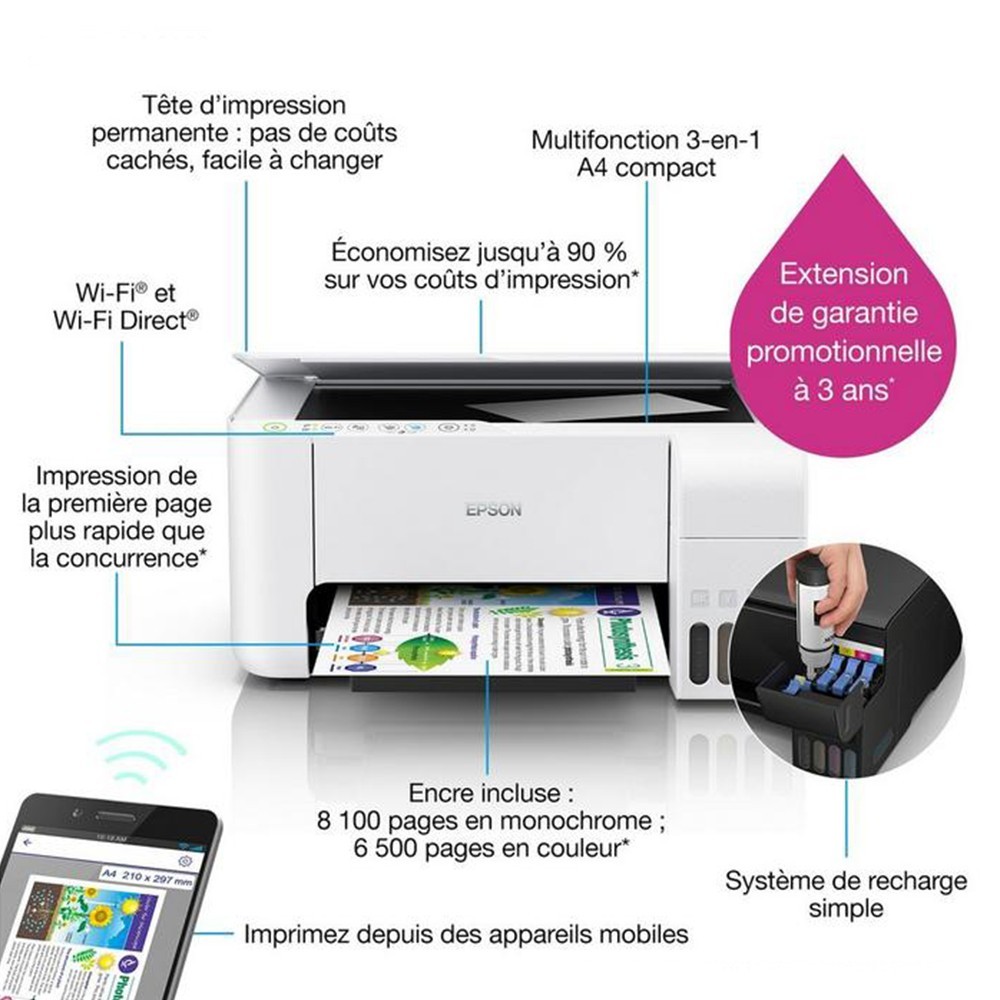 IMPRIMANTE JET D'ENCRE À RÉSERVOIR INTÉGRÉ EPSON ECOTANK L3150 3EN1 COULEUR  - WI-FI