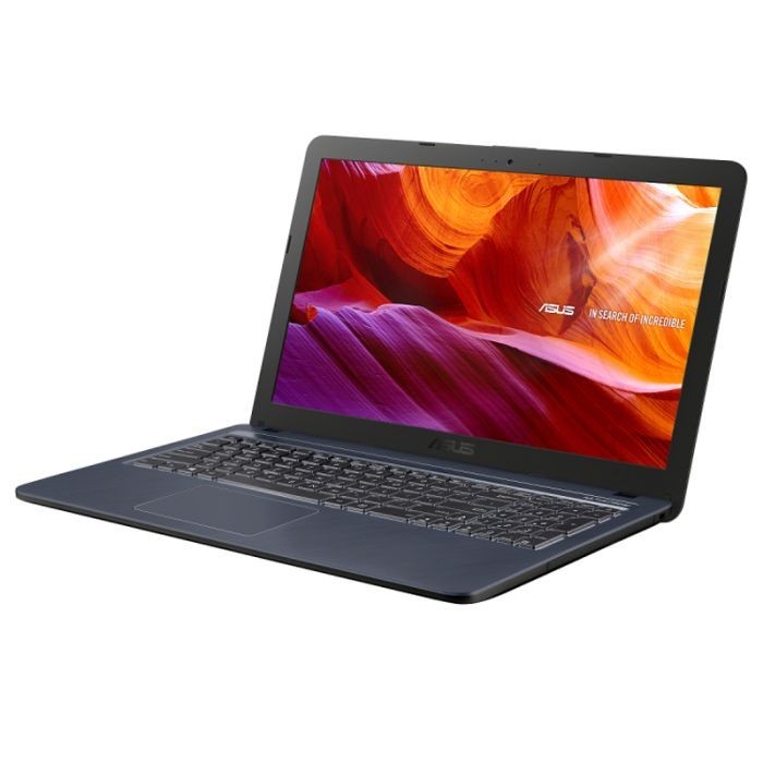 Image de profil droit du PC portable Asus X543MA montrant les ports USB, HDMI, Ethernet et un lecteur de carte SD