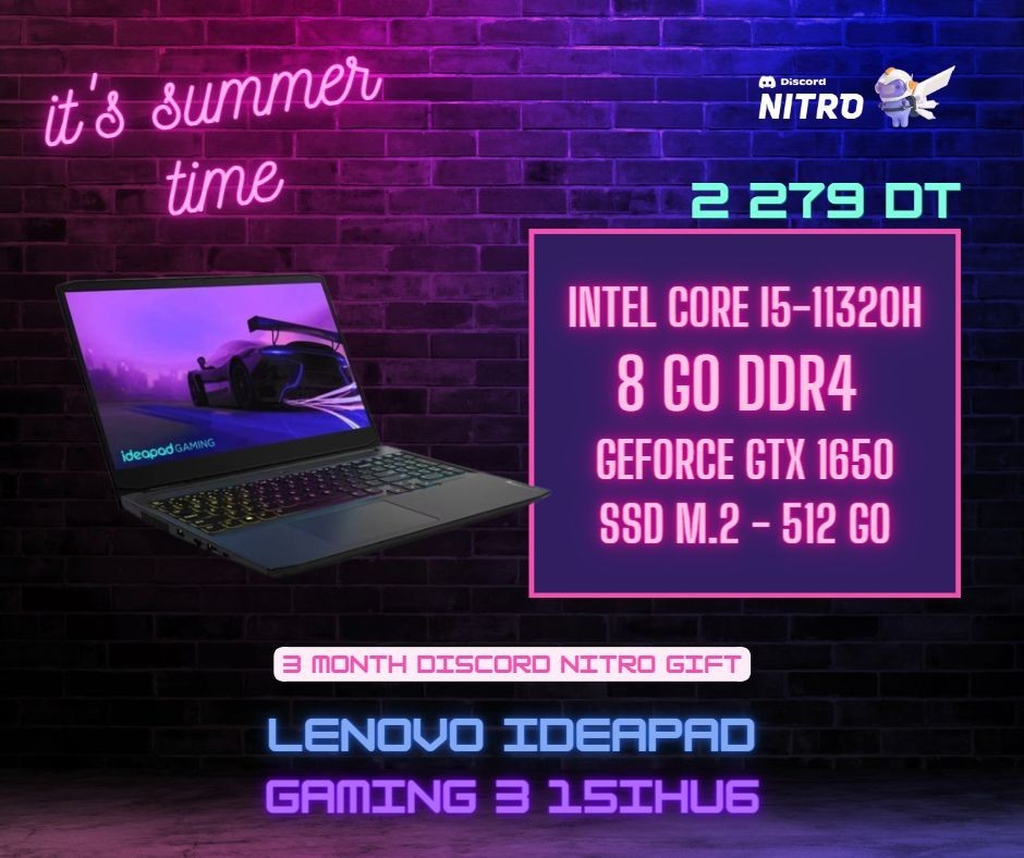 3 month Gift Discord Nitro Free - PC Portable Gamer - Lenovo IdeaPad Gaming 3 15IHU6 I5 11Gén - 2 279,000&nbsp;TND