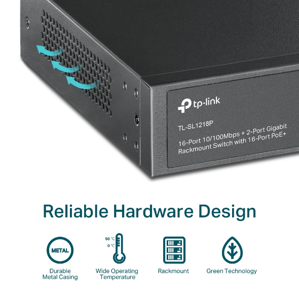 SWITCH TP-LINK TL-SL1218P RACKABLE 16 PORTS 10/100MBPS + 2 PORTS GIGABIT AVEC POE+ 16 PORTS