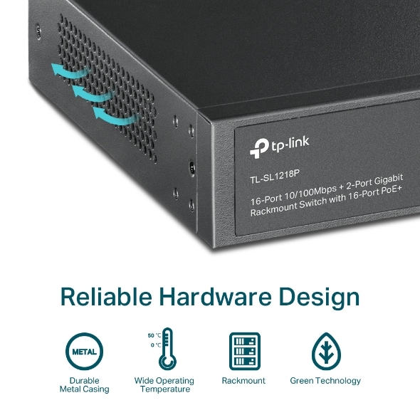 SWITCH TP-LINK TL-SL1218P RACKABLE 16 PORTS 10/100MBPS + 2 PORTS GIGABIT AVEC POE+ 16 PORTS - Tunisie