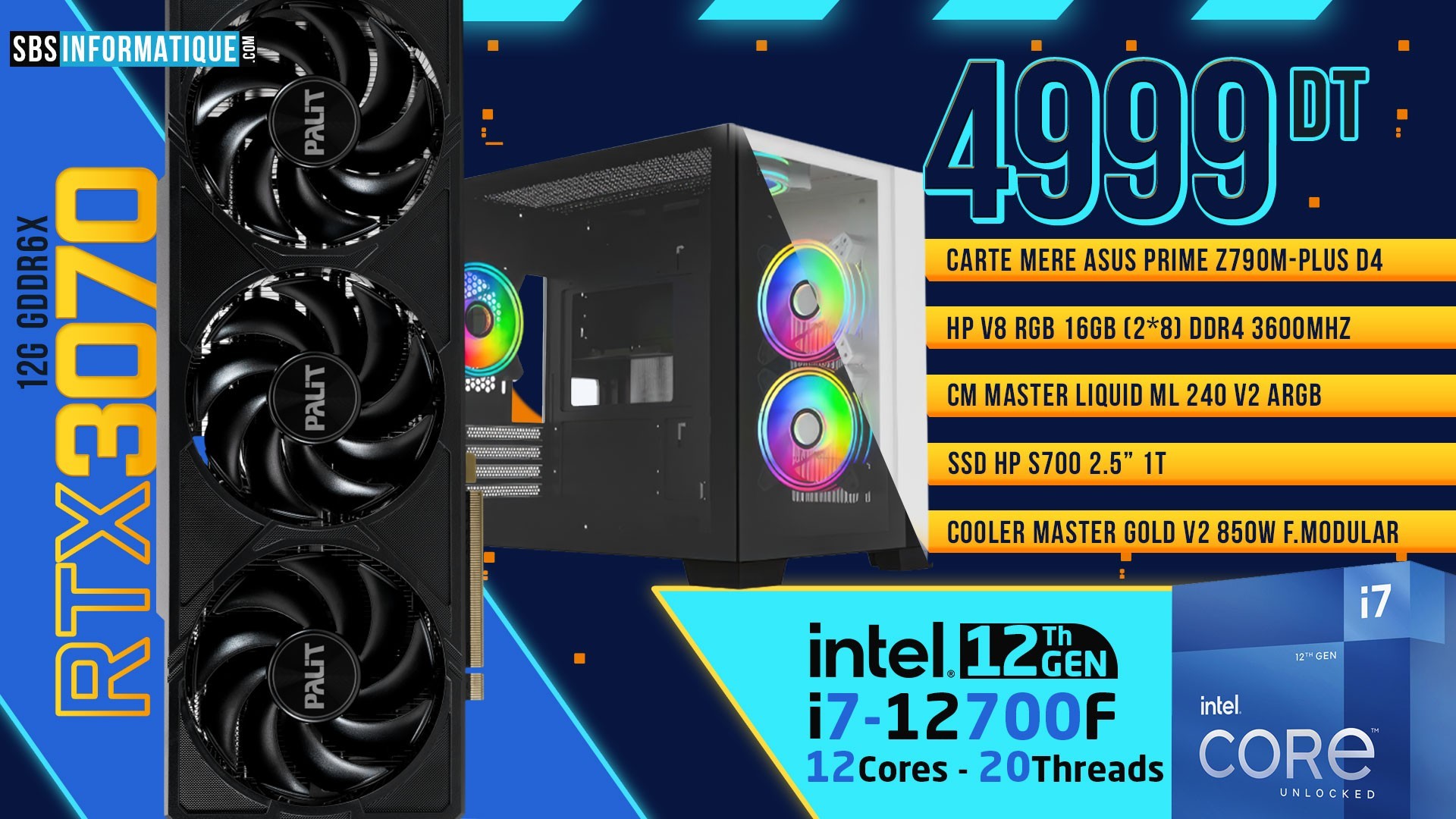 PC Gamer - Intel I7 12700F - RTX 4070 - 16Go RGB - Tunisie
