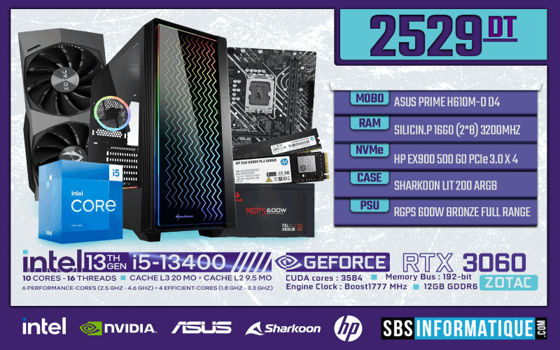 PC Gamer - Intel Core i5-13400 - RTX 3060 12G - 16Go - Tunisie