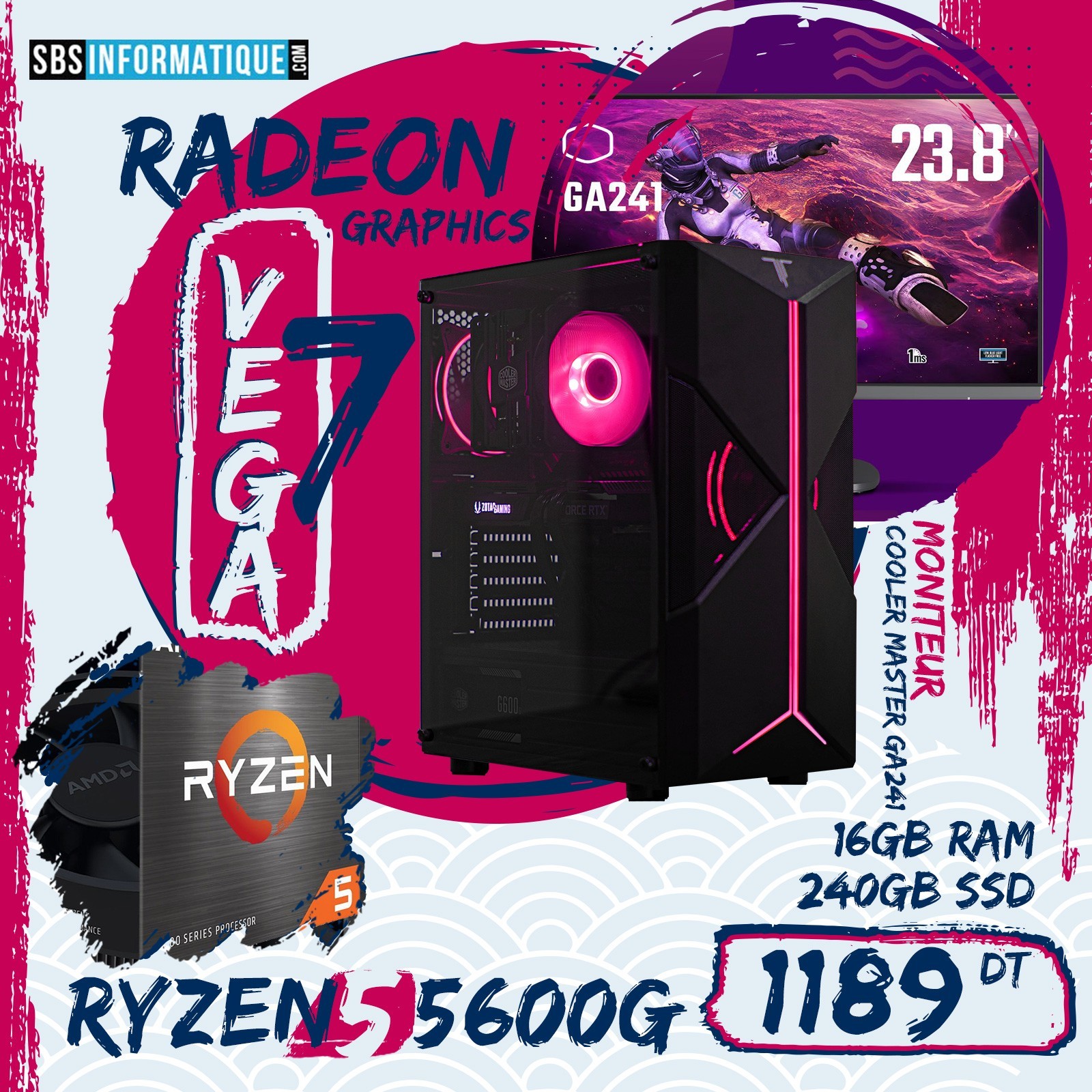 PC Gamer - Ryzen 5 5600G - Radeon Vega 7 Graphics - 16Go - GA241 24" - Tunisie