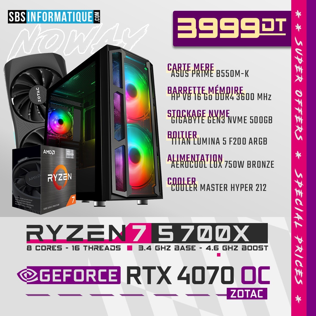 PC Gamer - Ryzen 7 5700X - RTX 4070 - 16Go - NVME 500Go - Tunisie