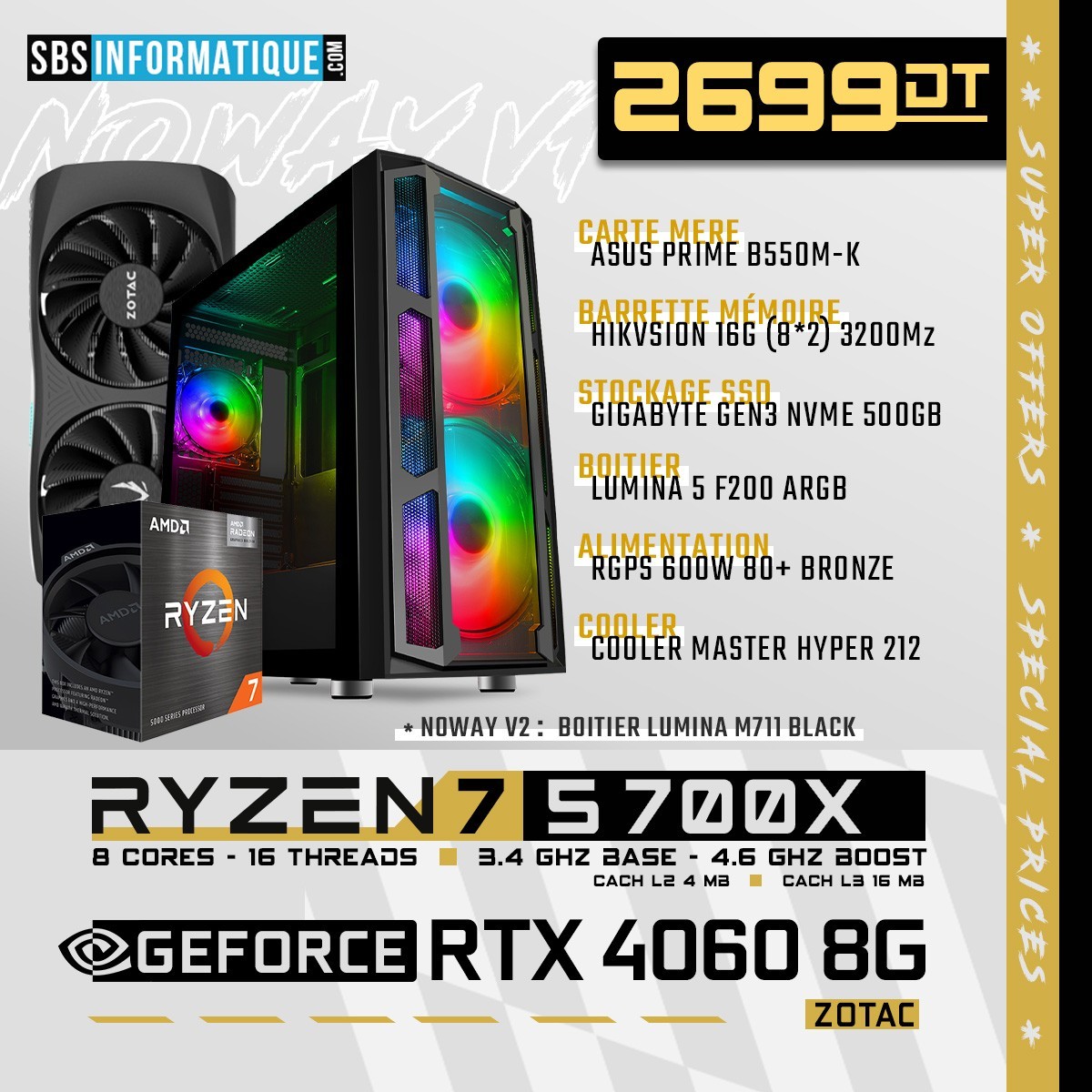 PC Gamer - Ryzen 7 5700X - RTX 4060 - 16Go - NVME 500Go - Tunisie