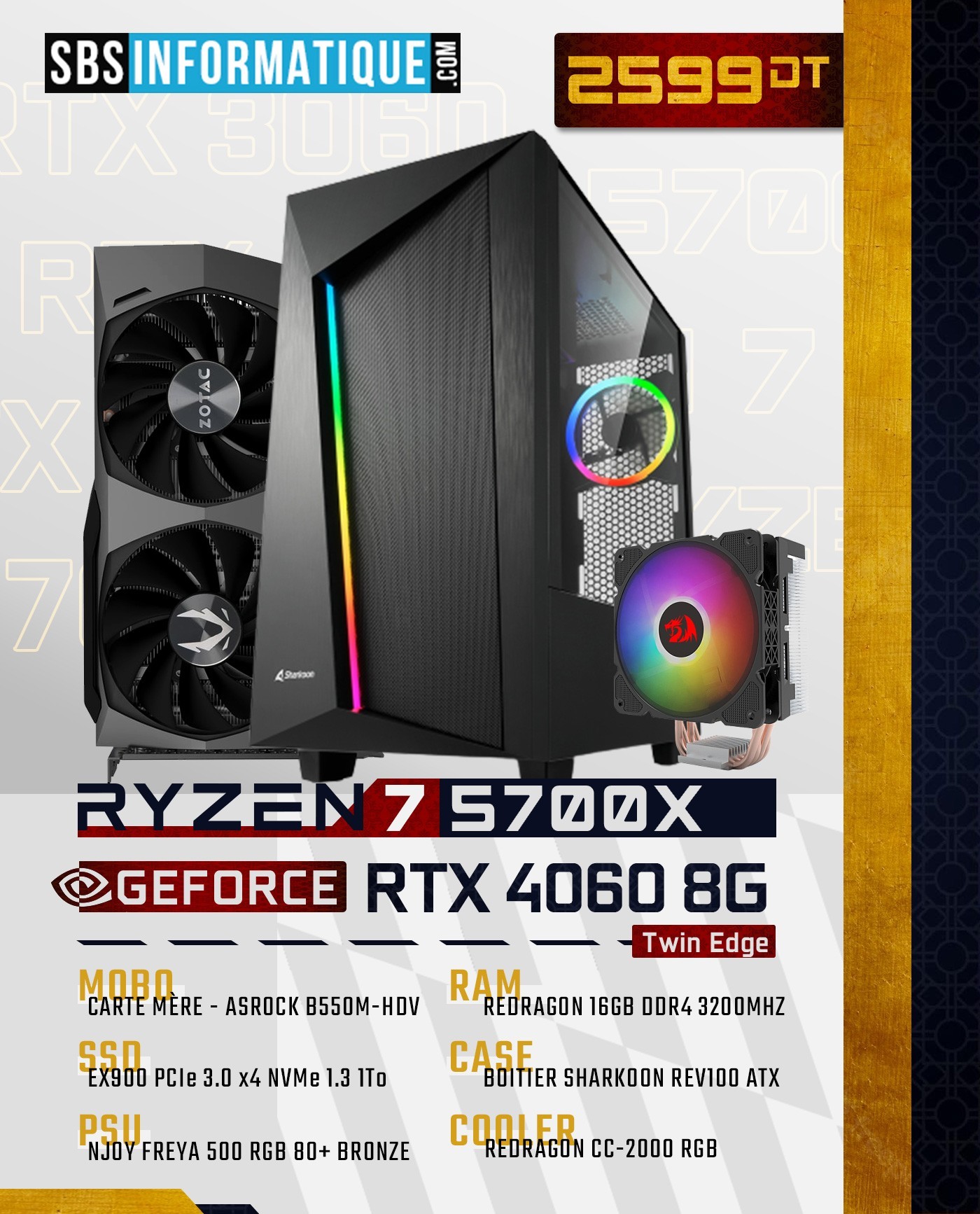 PC Gamer - Ryzen 7 5700X - RTX 4060 - 16Go - NVME 1To - V2