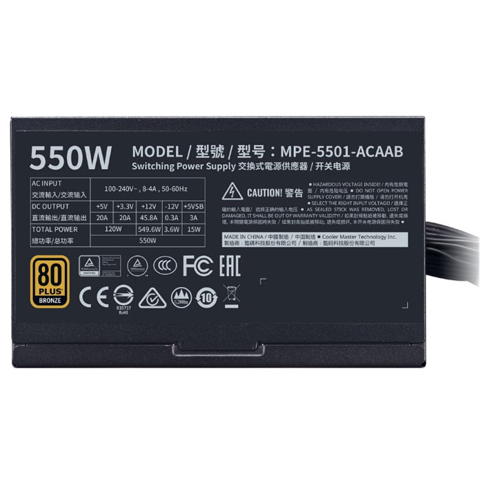 ALIMENTATION COOLER MASTER MWE 550 V2 CERTIFIÉ 80 PLUS BRONZE