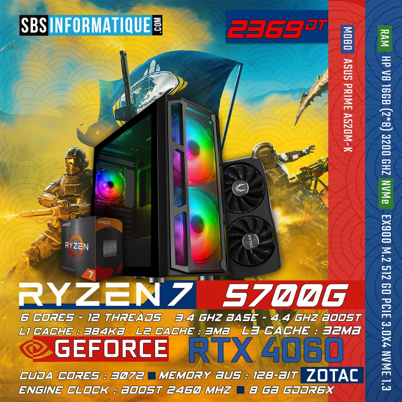 PC Gamer PREDATOR - Ryzen 5 5700G - RTX 4060 - 16Go - 512Go