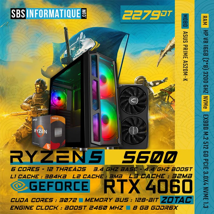 PC Gamer PREDATOR - Ryzen 5 5600 - RTX 4060 - 16Go - 512Go
