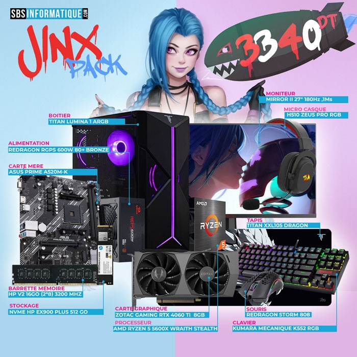 PC Gamer JINX PACK - Ryzen 5 5600X - RTX 4060 Ti - 16Go - 512Go