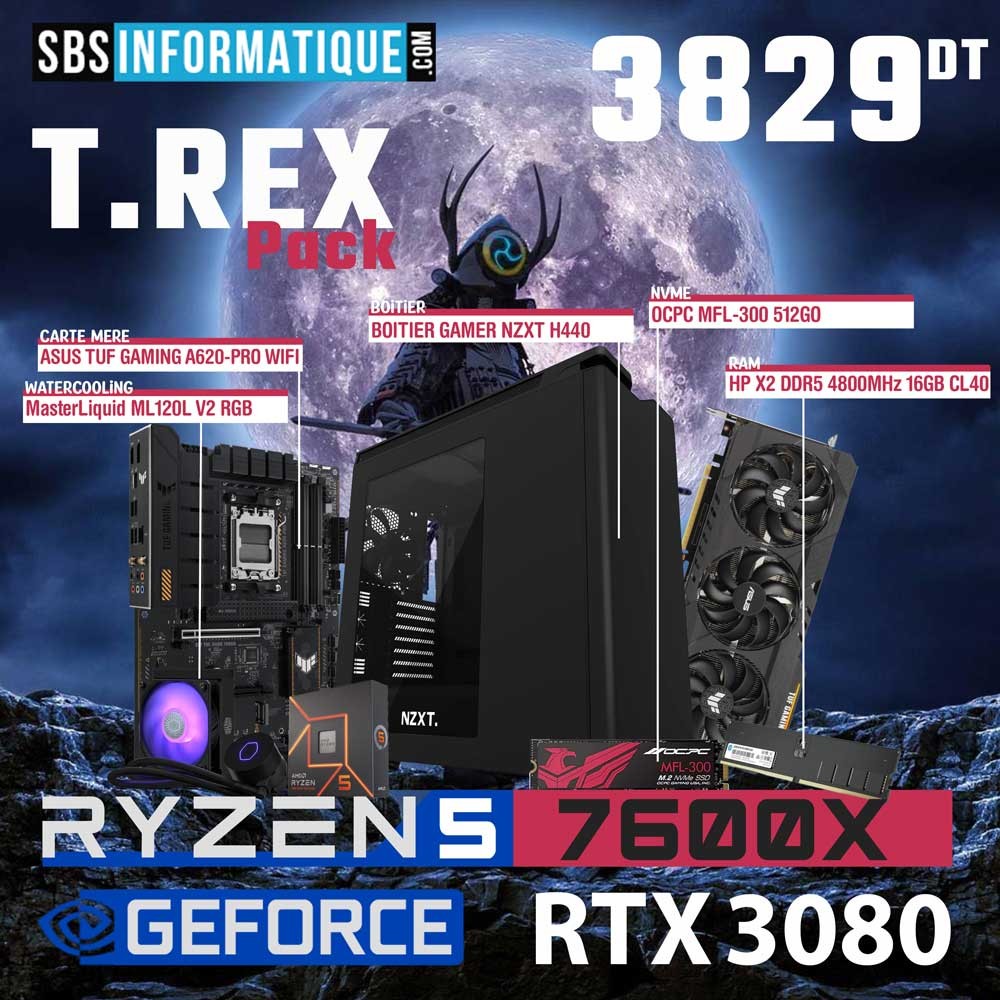 PC Gamer T.REX - RYZEN 5 7600X - RTX 3080 - 16Go - 512Go