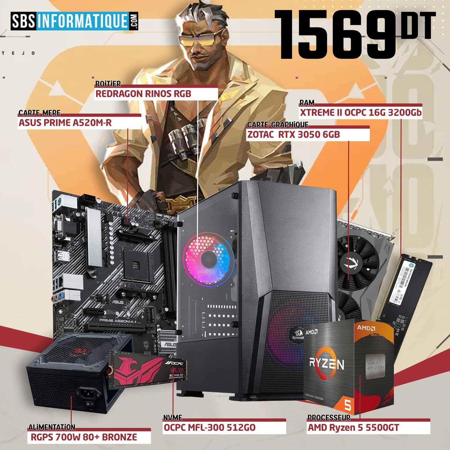 PC Gamer RINOS - Ryzen 5 5500GT - RTX 3050 6G - 16Go - 512Go