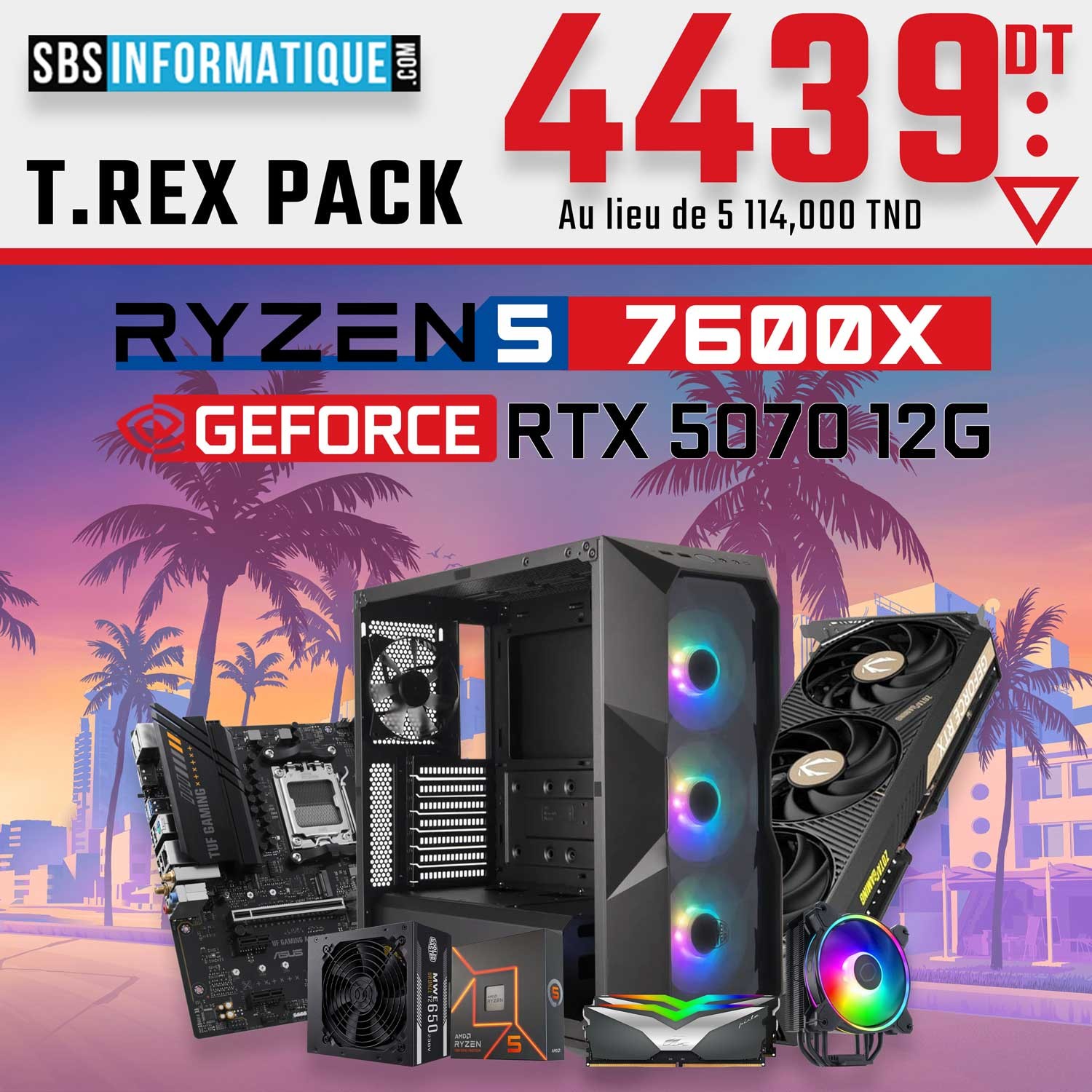PC Gamer T.REX - RYZEN 5 7600X - RTX 5070 - 32Go - 512Go PC Gamer T.REX - RYZEN 5 7600X - RTX 5070 - 32Go - 512Go