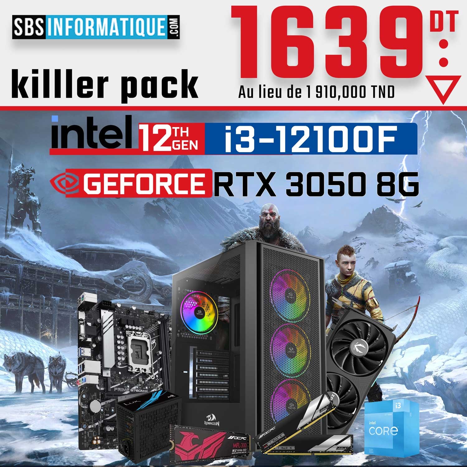 PC Gamer KILLER - i3-12100F - RTX 3050 8Go - 16Gb - 512 Gb - BLACK