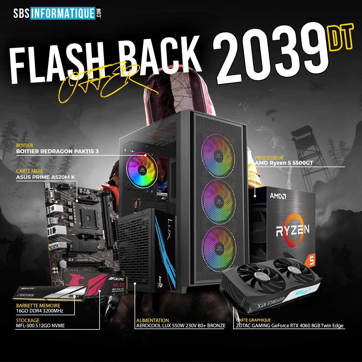PC Gamer FLASH - Ryzen 5 5500GT - RTX 4060 - 16Gb - 512 Gb