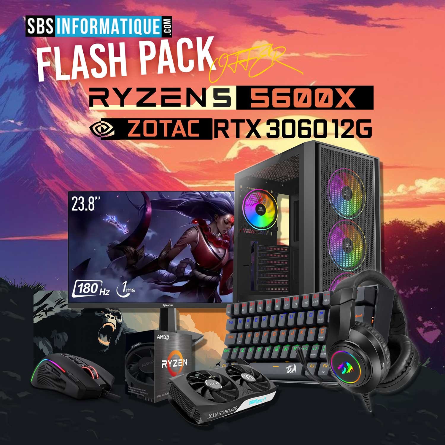 PC Gamer FLASH PACK - Ryzen 5 - 5600X - RTX 3060 12Go - 16Gb - 512 Gb - BLACK