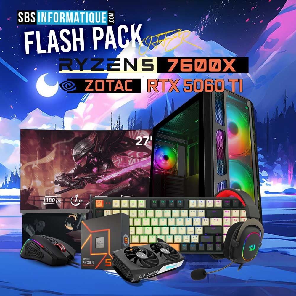 PC Gamer FLASH PACK - Ryzen 5 - 7600X - RTX 5060 TI 8Go - 32Gb - 512 Gb - BLACK