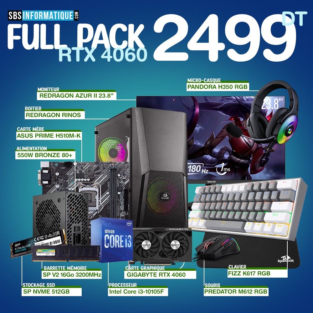 PC Gamer PHEONIX PACK - i3-10105F - RTX 4060 - 16Gb - 512 Gb