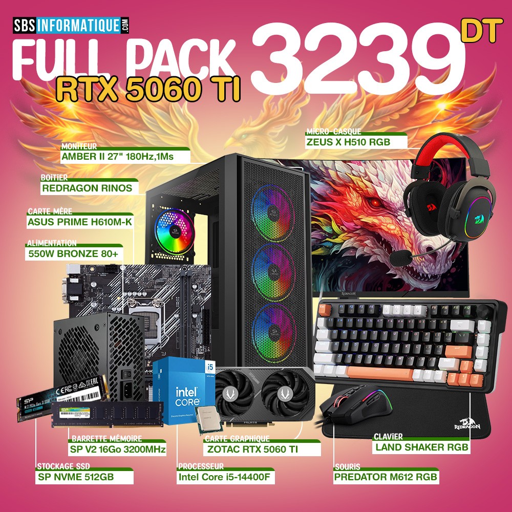 PC Gamer PHEONIX PACK - I5-14400F - RTX 5060 TI - 16Gb - 512 Gb