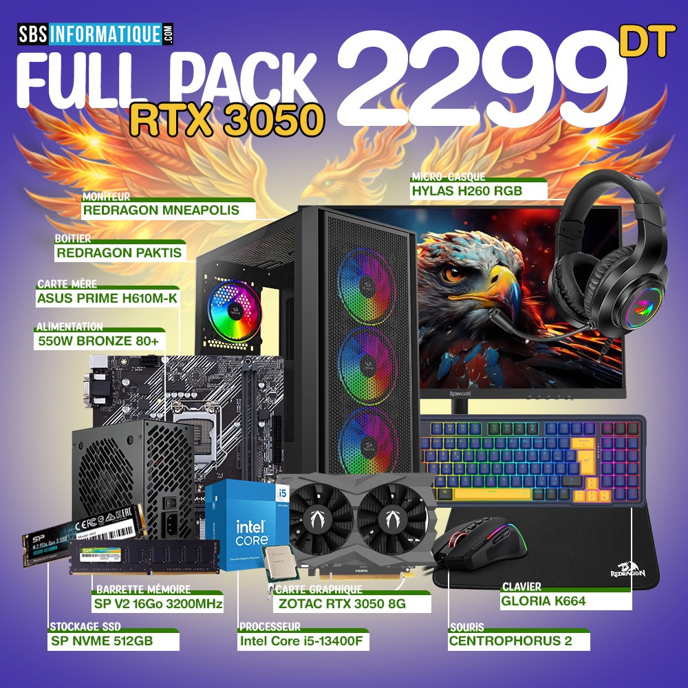 PC Gamer PACK KILLER - i5-13400F - RTX 3050 8Go - 16Gb - 512 Gb