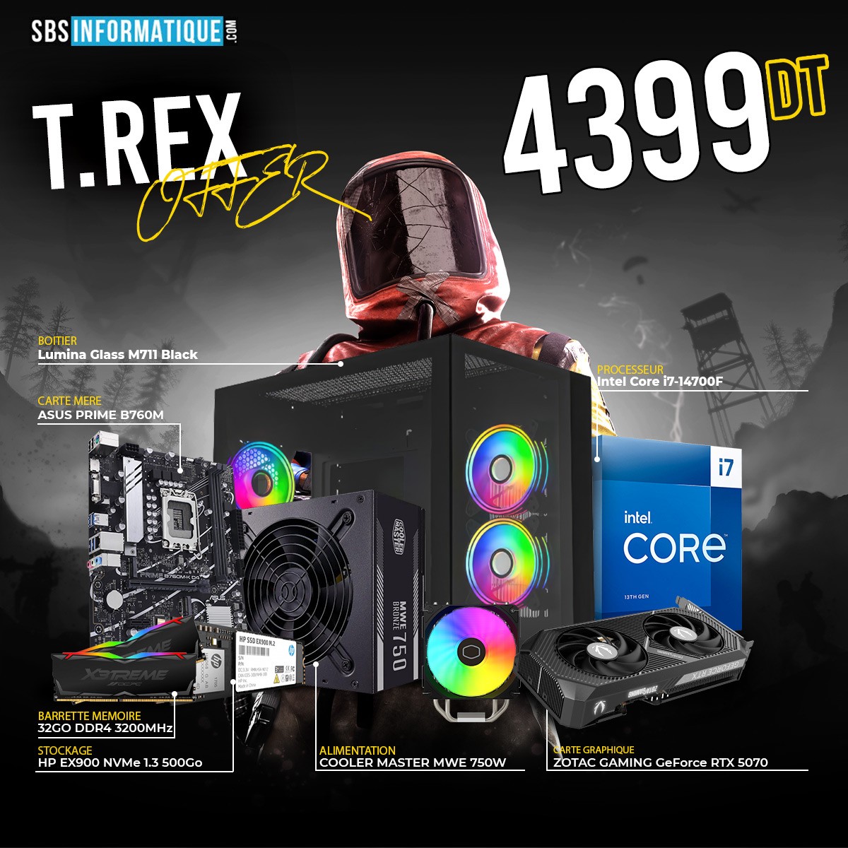 PC Gamer T.REX - i7-14700F - RTX 5070 12Go - 32Gb - 500 Gb - BLACK