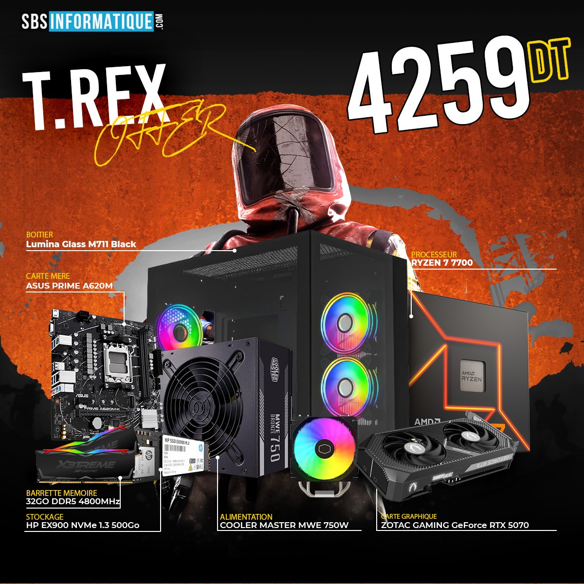 PC Gamer T.REX - RYZEN 7 7700 - RTX 5070 12Go - 32Gb - 500 Gb - BLACK