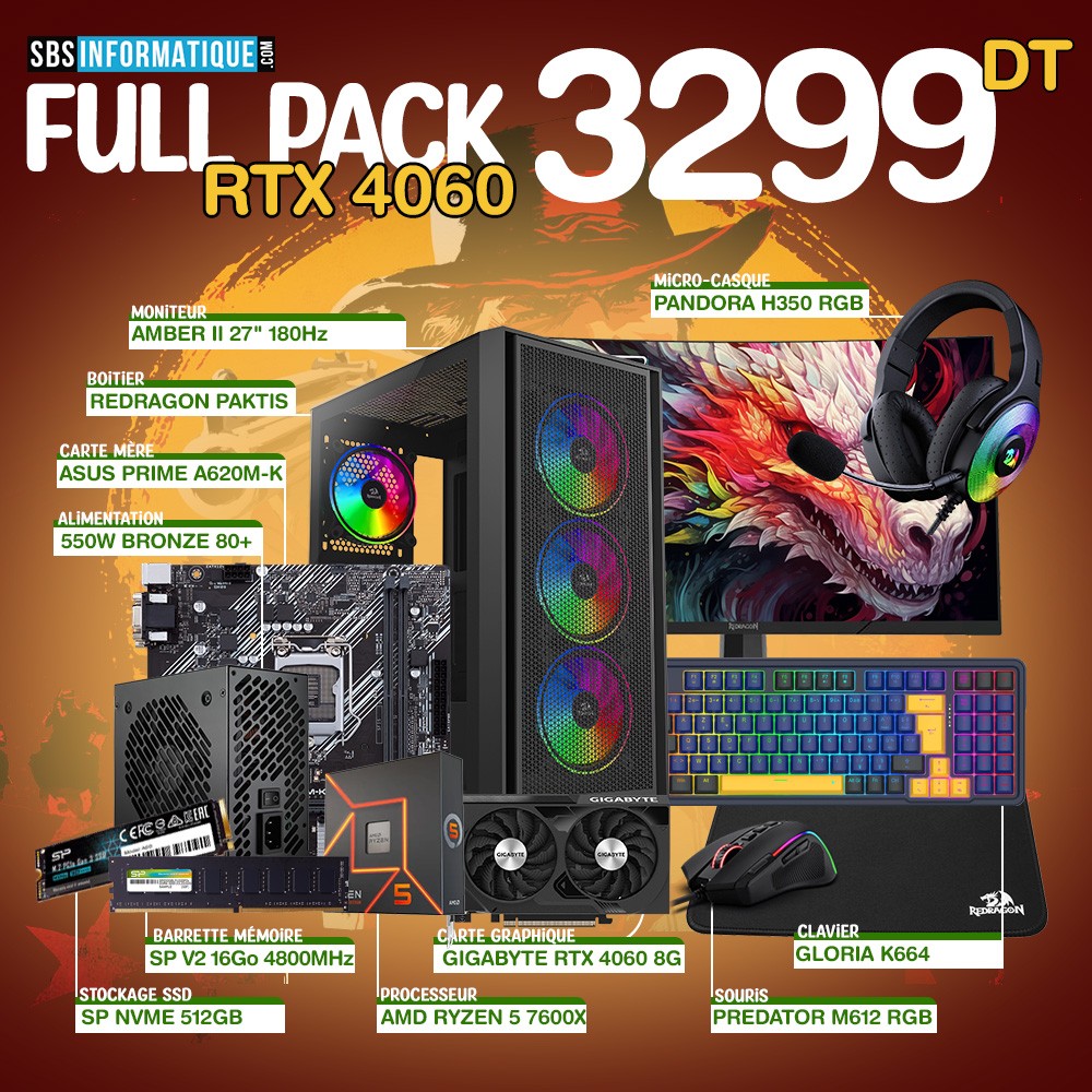 PC Gamer PHEONIX PACK - RYZEN 5 7600X - RTX 4060 - 16Gb - 512 Gb