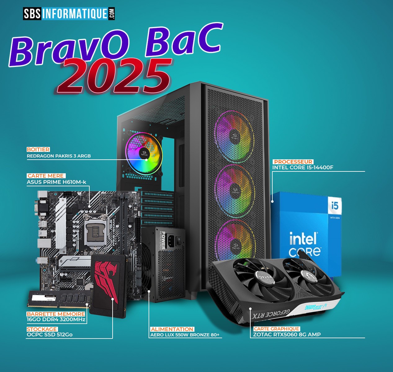 PC GAMER BARVO - INTEL I5 14400F - RTX 5060 - 16Go - 512Gb