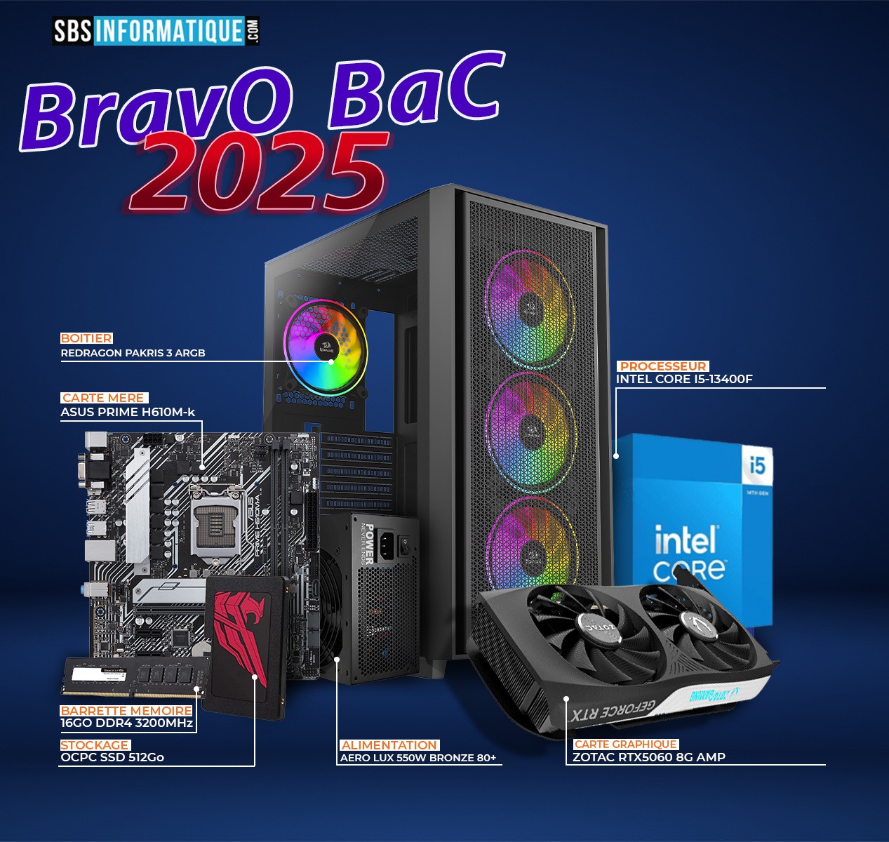 PC GAMER BARVO - INTEL I5 13400F - RTX 5060 - 16Go - 512Gb