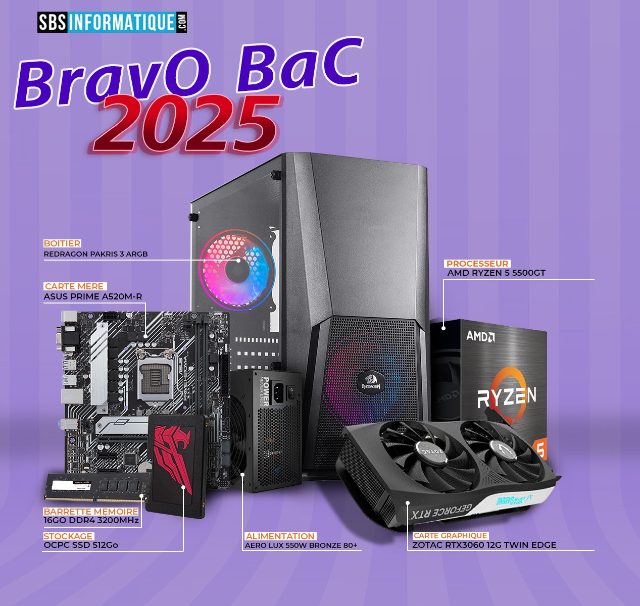 PC GAMER BARVO - RYZEN 5 5500GT - RTX 3060 - 16Go - 512Gb