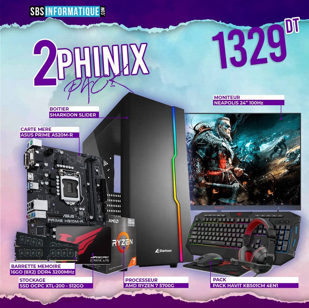 PC GAMER PHINIX PACK - Ryzen 7 5700G - Vega Radeon - 16Go - 512Go