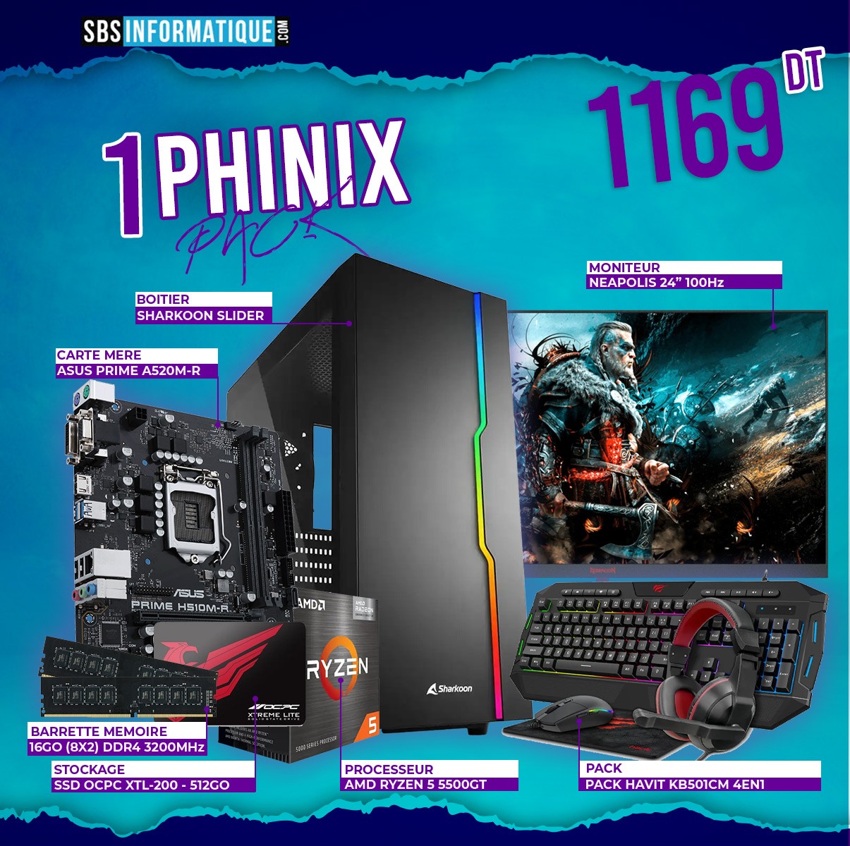 PC GAMER PHINIX PACK - Ryzen 5 5500Gt - Vega Radeon - 16Go - 512Go