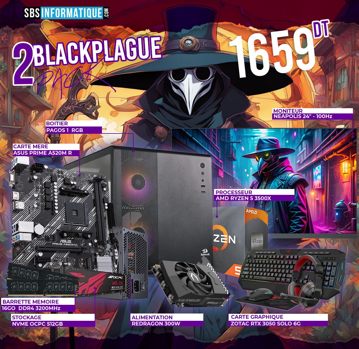 PC GAMER BLACK PLAGUE PACK - Ryzen 5 3500X - RTX 3050 6G - 16Go - 512Go