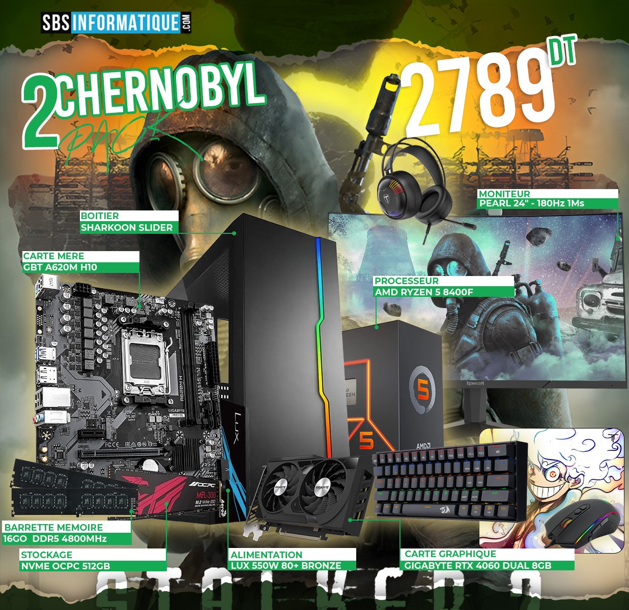 PC Gamer CHERNOBYL 2 PACK - Ryzen 5 - 8400F - RTX 4060 - 16Gb - 512 Gb