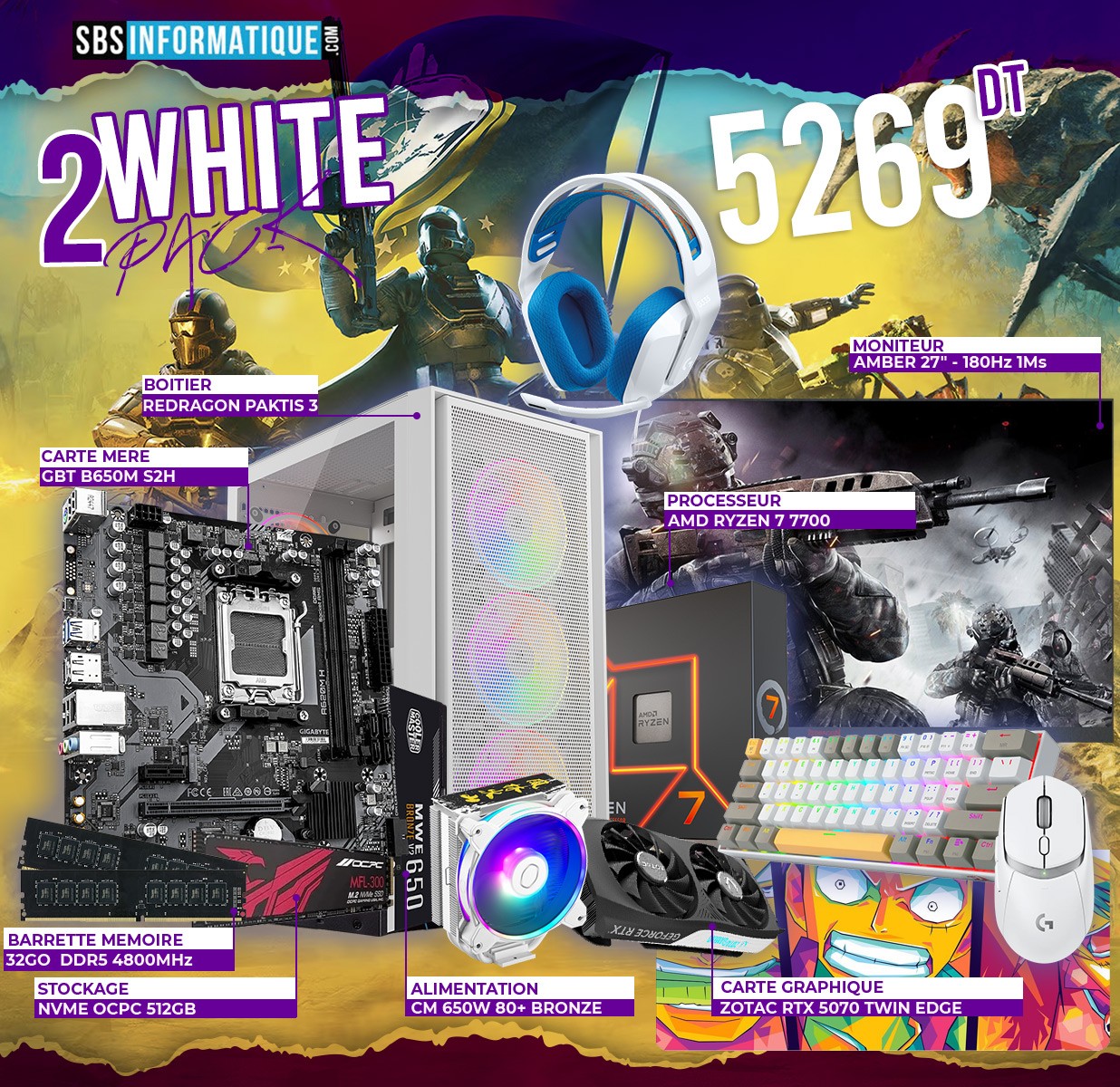 PC Gamer WHITE PACK - Ryzen 7 - 7700 - RTX 5070 - 32Gb - 512 Gb