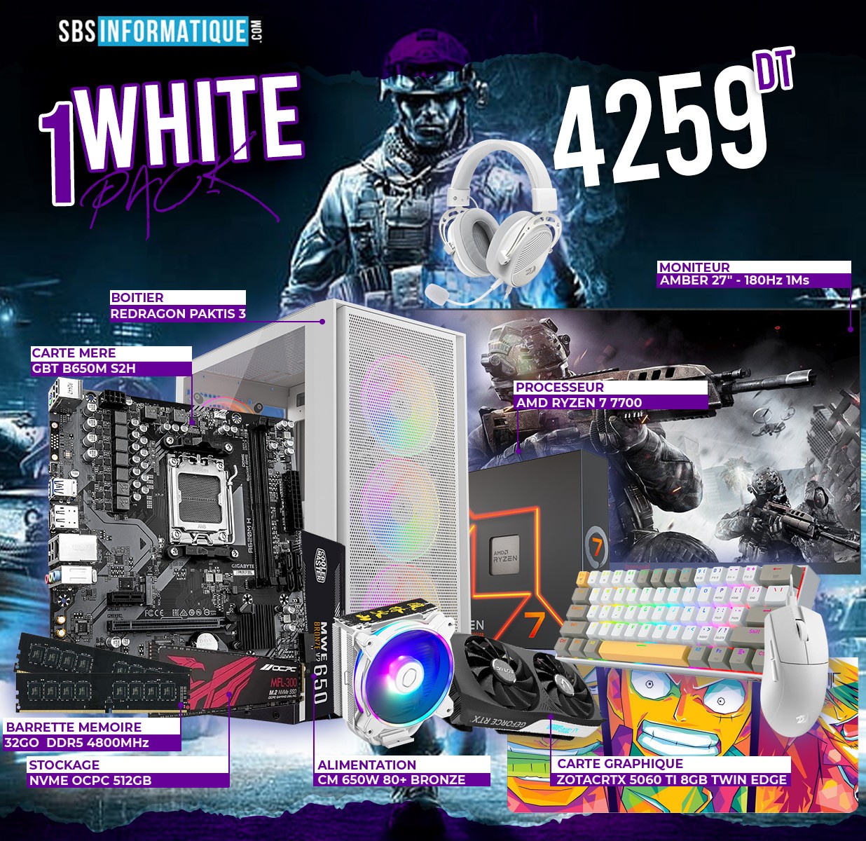 PC Gamer WHITE PACK - Ryzen 7 - 7700 - RTX 5060 TI - 32Gb - 512 Gb