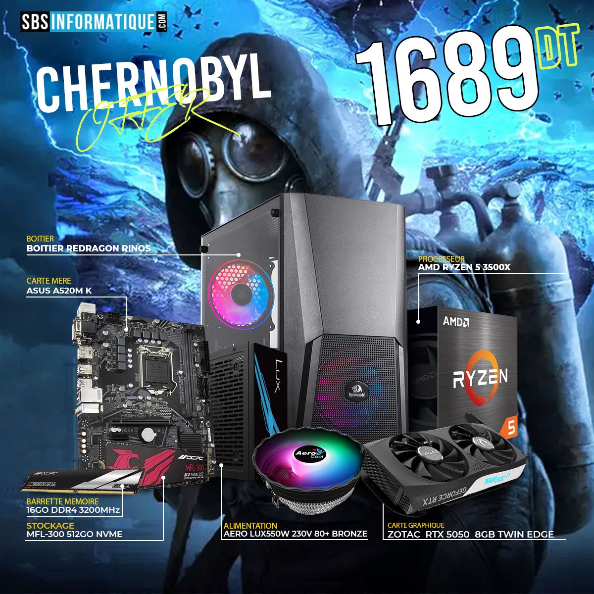PC GAMER CHERNOBYL - Ryzen 5 3500X- RTX 5050 8G - 16Go - 512Go