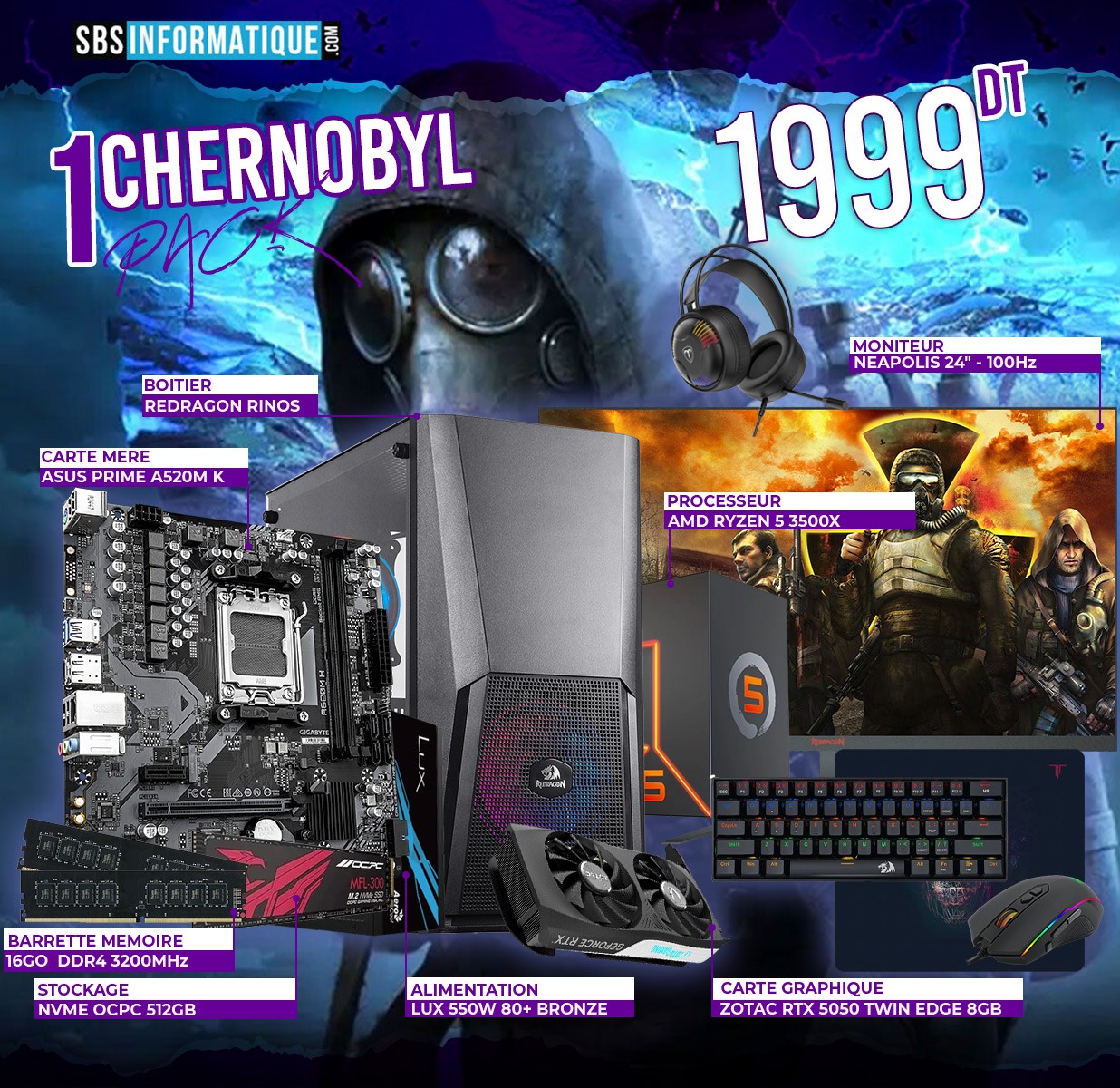 PC GAMER CHERNOBYL PACK - Ryzen 5 3500X- RTX 5050 8G - 16Go - 512Go