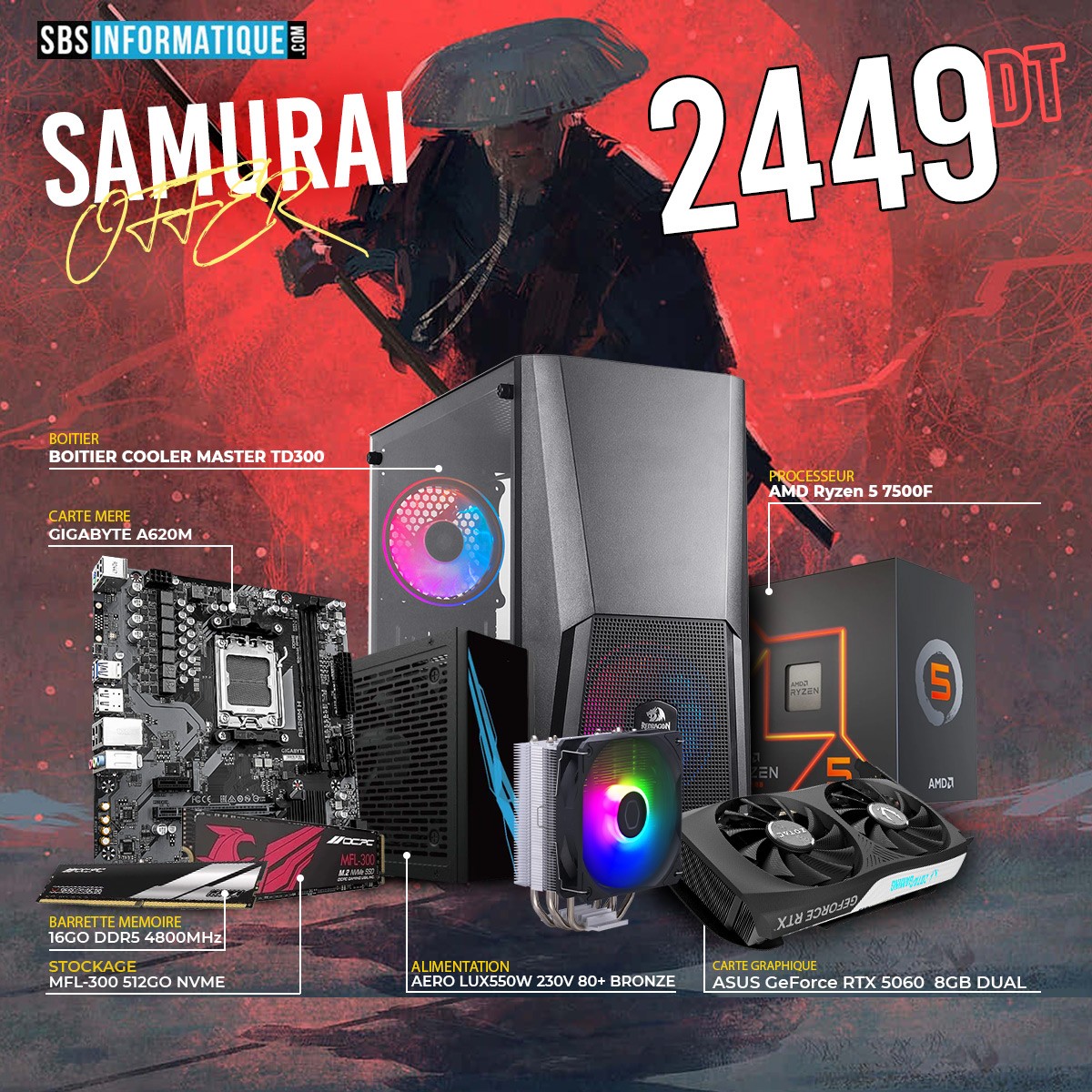 PC GAMER SAMURAI - Ryzen 5 7500F - RTX 5060 8G - 16Go - 512Go