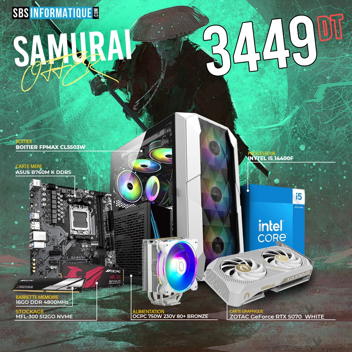 PC GAMER SAMURAI - INTEL I5 14400F - RTX 5070 12G - 16Go - 512Go