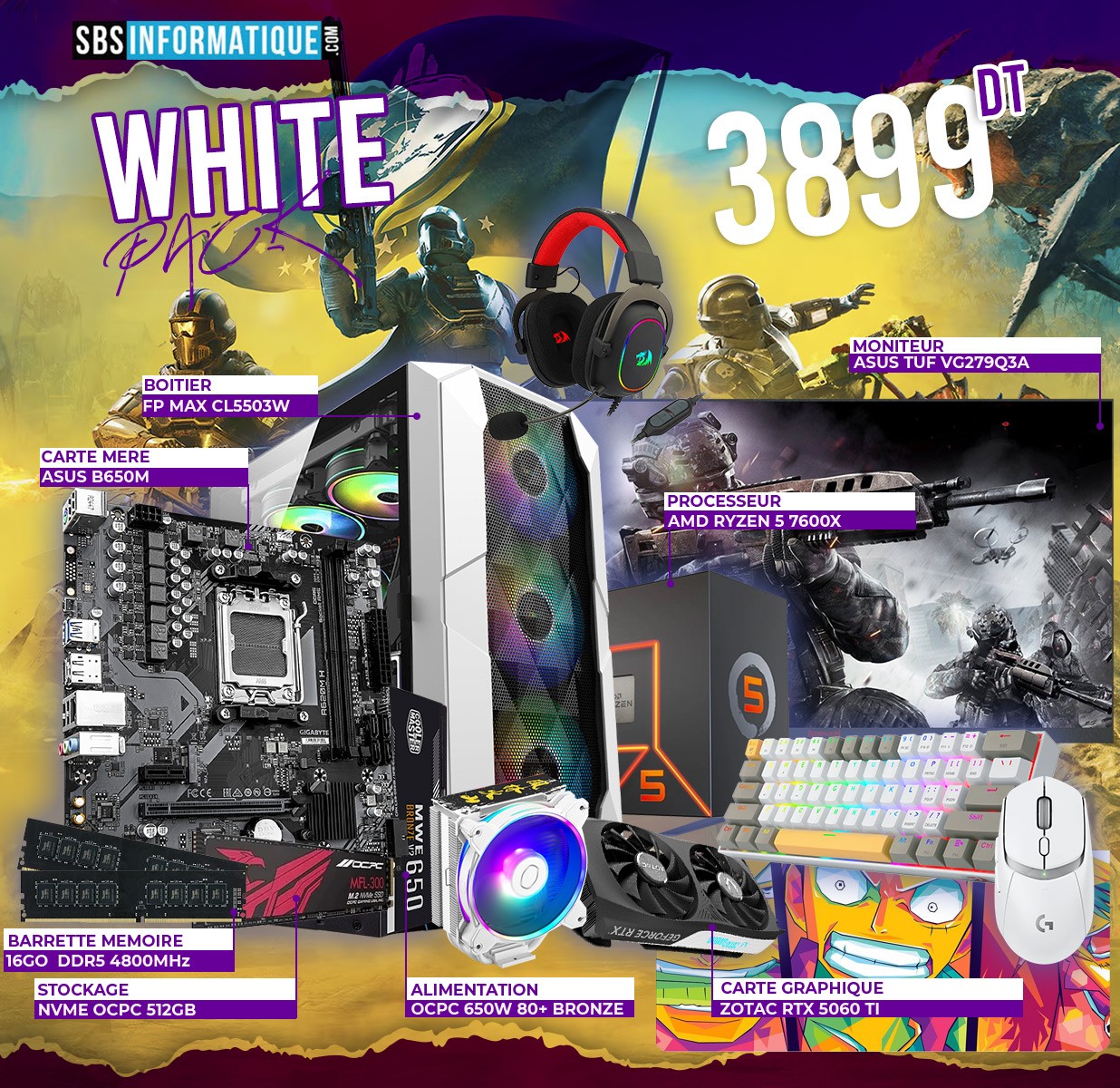 PC GAMER SAMURAI PACK - RYZEN 5 7600X - RTX 5060 TI - 16Go - 512Go