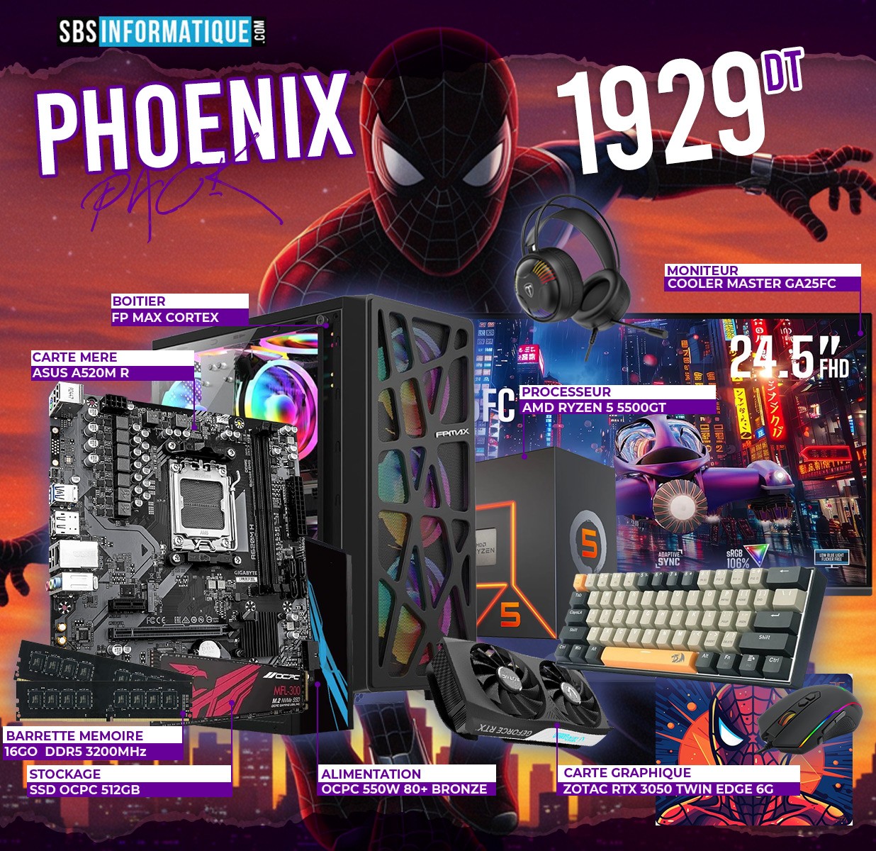 PC Gamer PHOENIX PACK - Ryzen 5 5500GT - RTX 3050 6Go - 16Gb - 512 Gb - BLACK