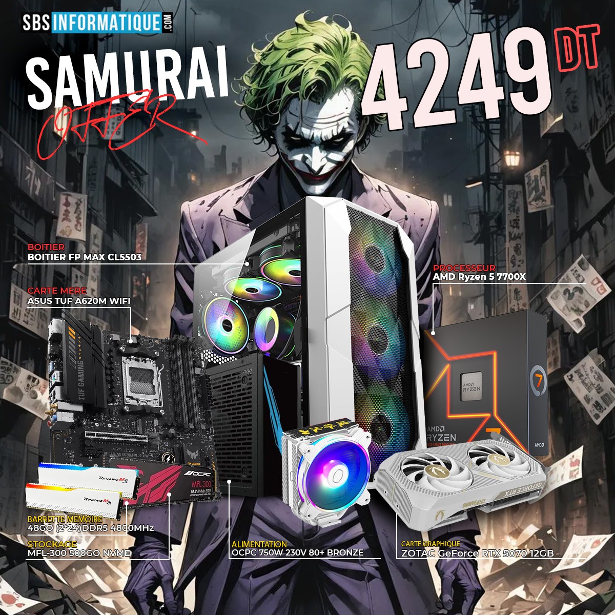 PC Gamer T.REX - RYZEN 7 7700 - RTX 5070 12Go - 32Gb - 500 Gb - WHITE