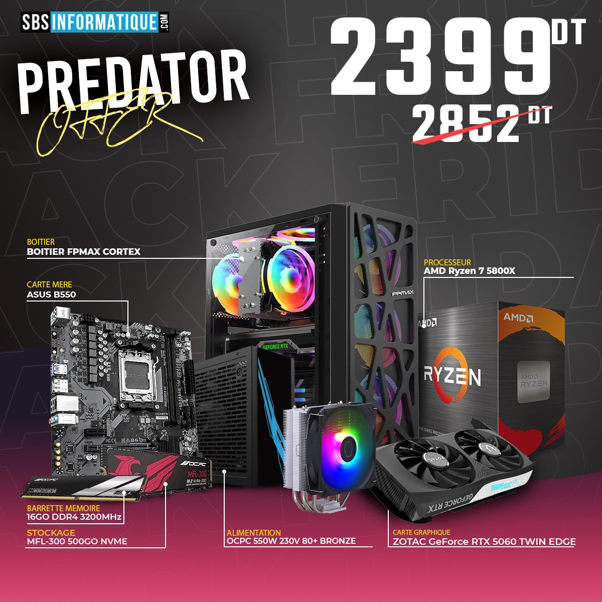 PC Gamer PREDATOR - Ryzen 7 5800X - RTX 5060 - 16Gb - 512 Gb - BLACK