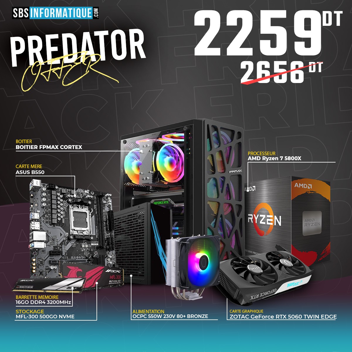 PC Gamer PREDATOR - Ryzen 7 5700X - RTX 5060 - 16Gb - 512 Gb - BLACK