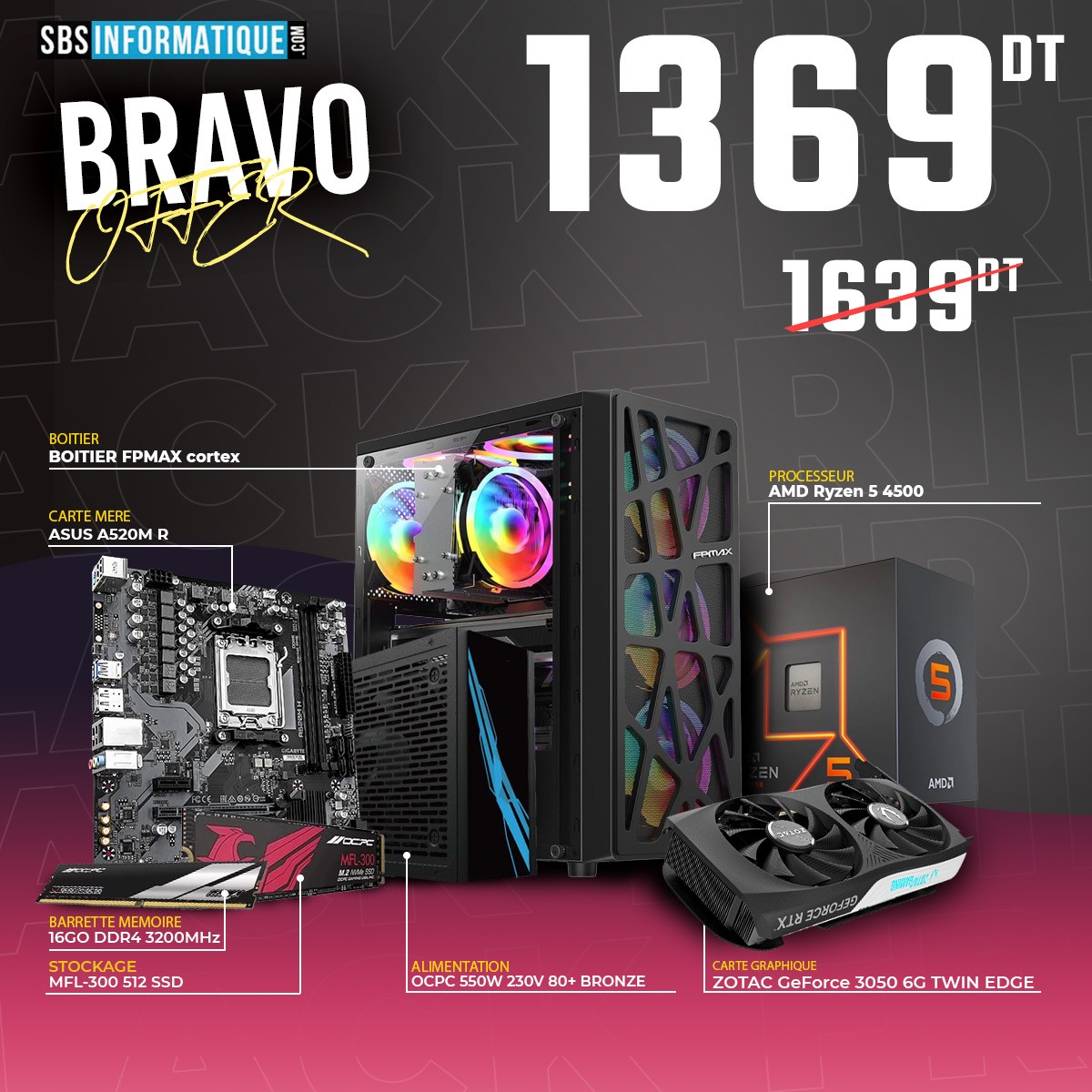 PC GAMER BARVO - RYZEN 5 4500 - RTX 3050 - 16Go - 512Gb