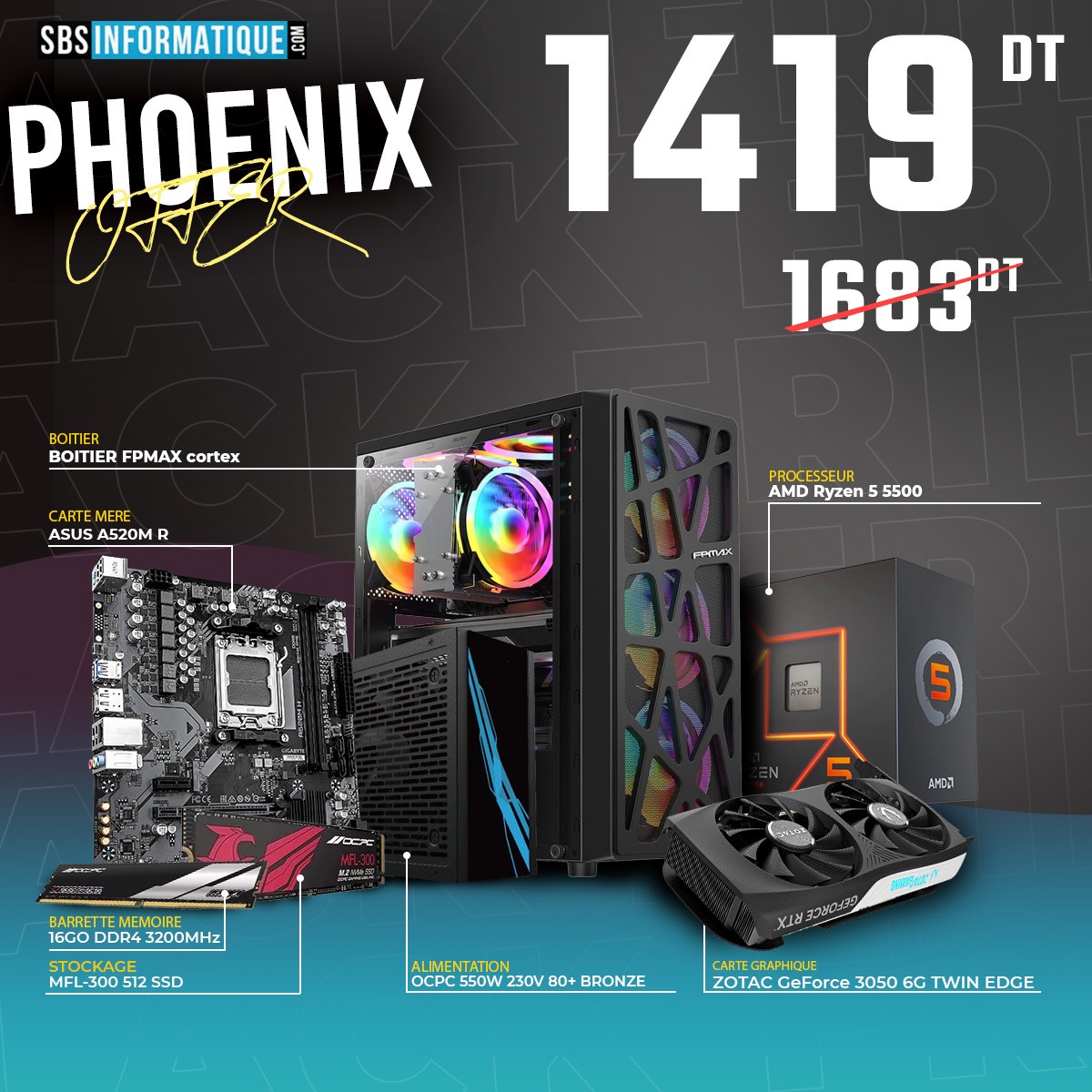 PC Gamer PHOENIX - Ryzen 5 5500 - RTX 3050 6Go - 16Gb - 512 Gb - BLACK
