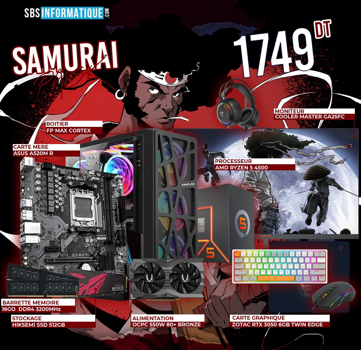 PC Gamer SAMURAI PACK - Ryzen 5 4500 - RTX 3050 6Go - 16Gb - 512 Gb - BLACK