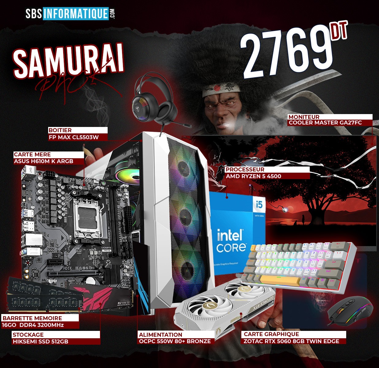 PC GAMER SAMURAI PACK - INTEL I5 14400F - RTX 5060 8G - 16Go - 512Go